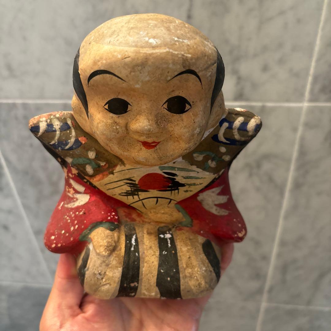 アンティーク約100年前瞳やおでこ、笑顔が美しく着物が素敵な金運、幸福を招く福助