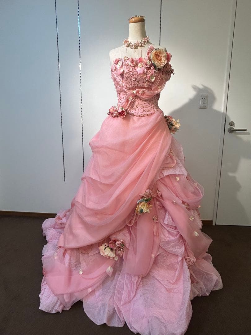 ピンク フラワー装飾 ロングドレス 9〜13T