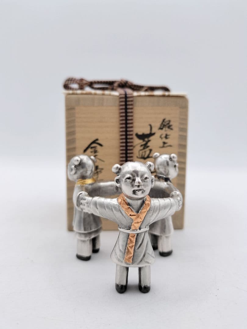 c640 蓋置 銀仕上 三つ人形 金谷浄雲 木箱 茶道具 古物