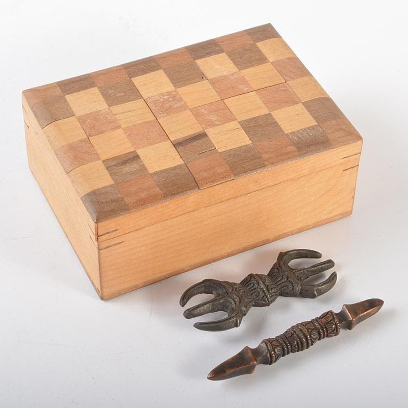チベット密教法具　古銅　独鈷杵　三鈷杵　金剛杵　2点　木箱付　M　R6562