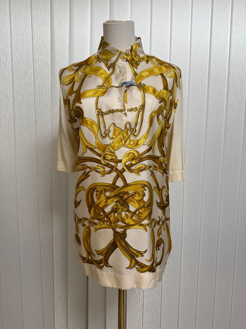 HERMES エルメス シルクスカーフポロシャツ Mサイズ クリーニング済 白