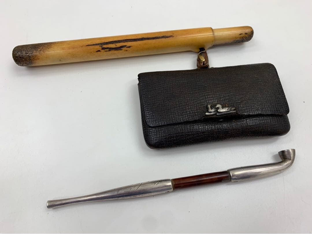 時代物 煙管 キセル 純銀 鳥山水図 煙草入れ たばこ入れ 鴨 緒締 銅地金象嵌