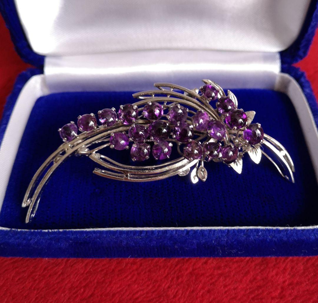 ヴィンテージ ブローチ 天然石 アメジスト 21石 カボッション 刻印入り 4