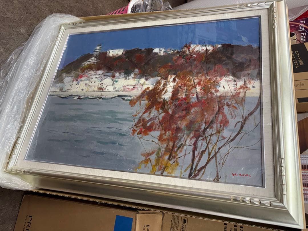 額縁 絵画付き シルバー 大きめ 紐付き