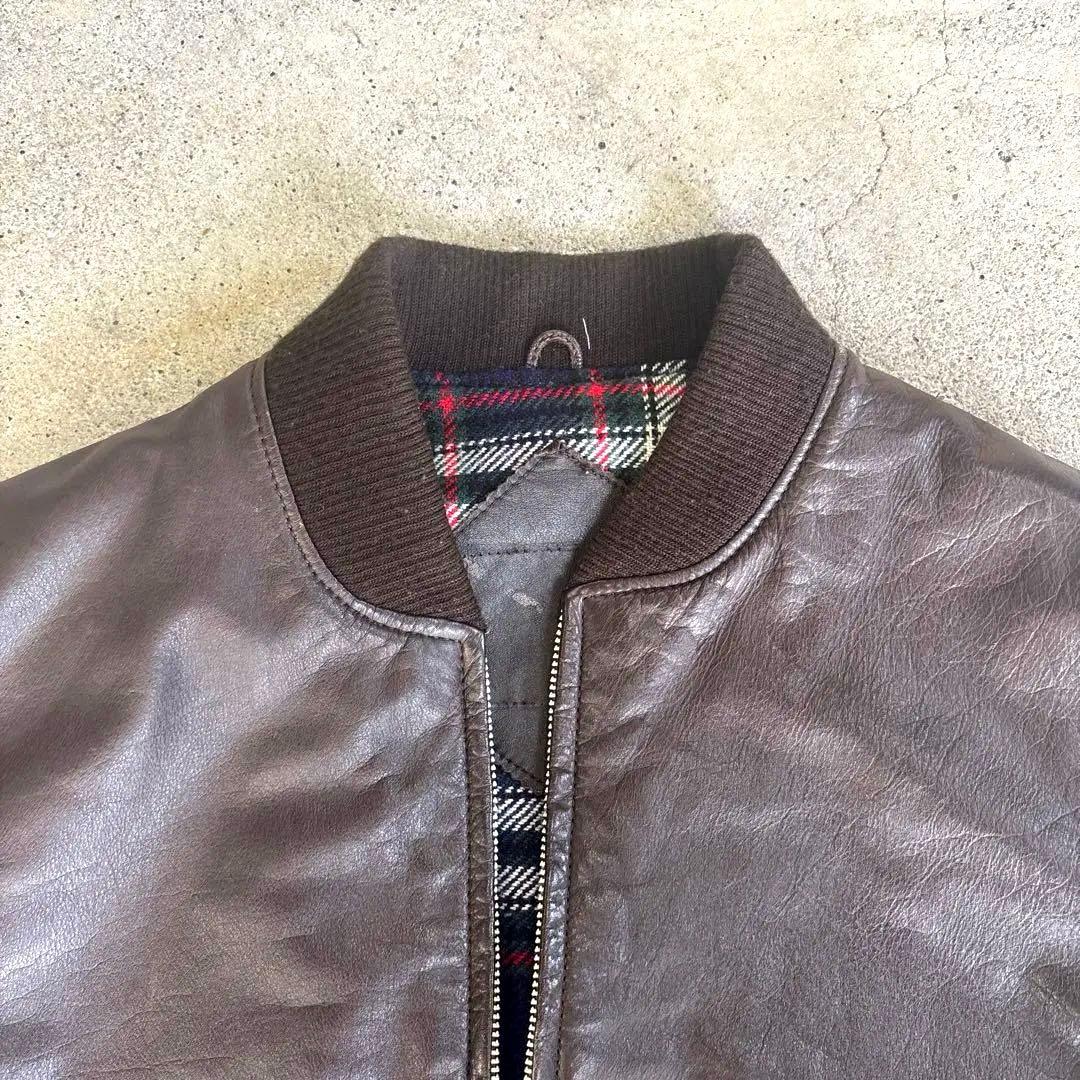 90s 短丈 レザージャケット MA-1型 ブラウン チェック柄 古着 本革