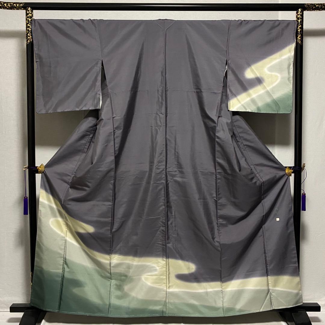 D37 訪問着 白山紬 落款入 流水 正絹 着物 袷 しつけ糸未使用極美品