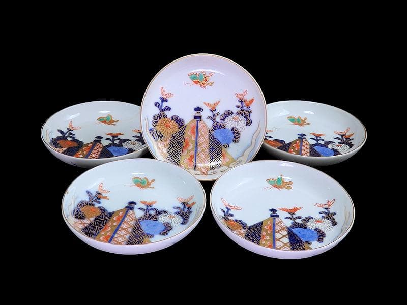 古伊万里　色絵　蝶に菊の図　４寸皿　５枚　C109AS-DAe