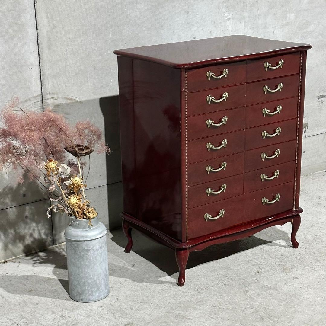 ꧁輸入家具꧂アンティーク調 7段チェスト ワインレッド 猫脚 クラシック収納