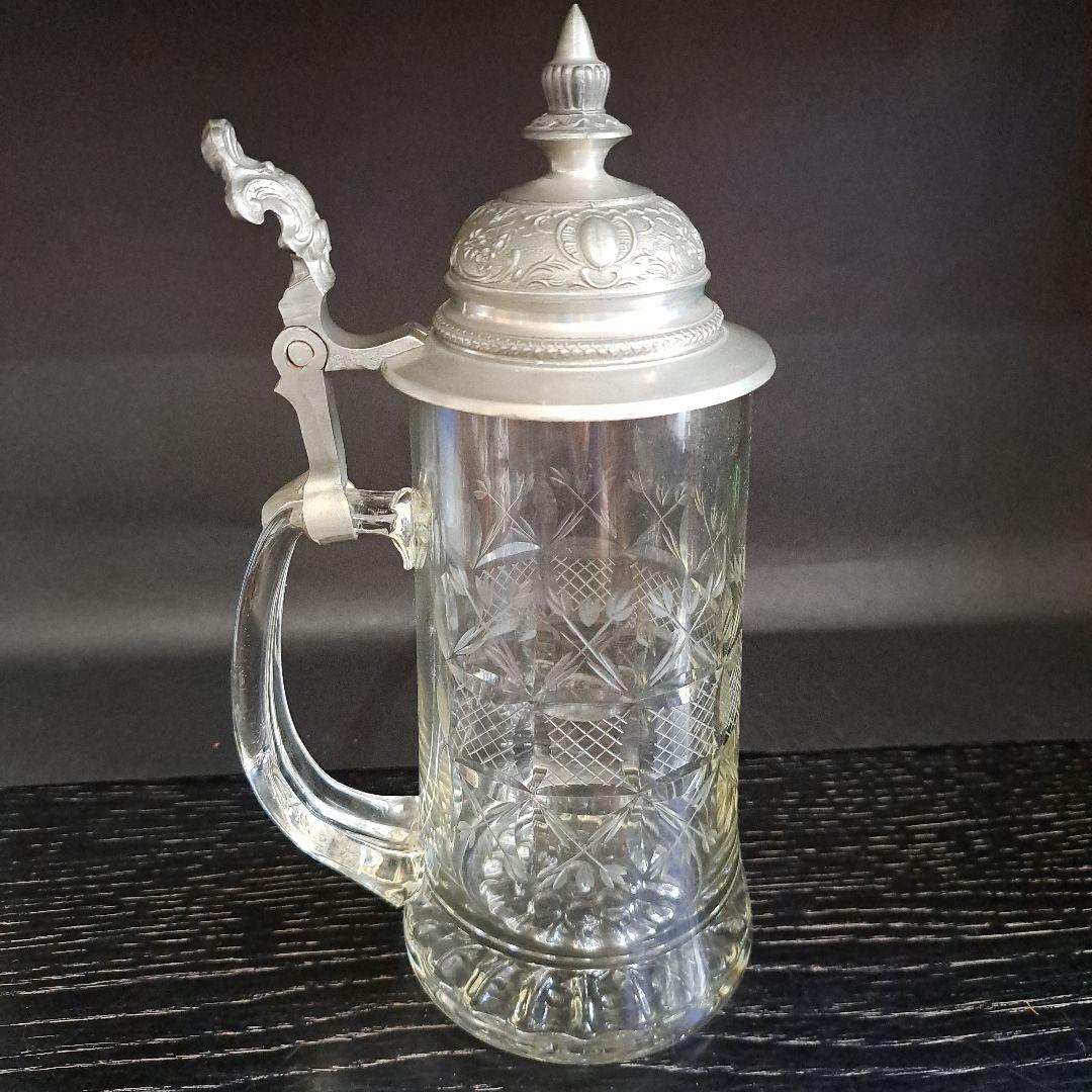 明治初期　極上　天満切子　錫蓋　ジョッキ　クリスタル硝子