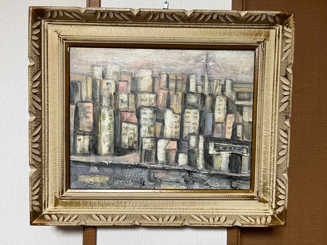 都市風景 油彩画 装飾的なフレーム付き