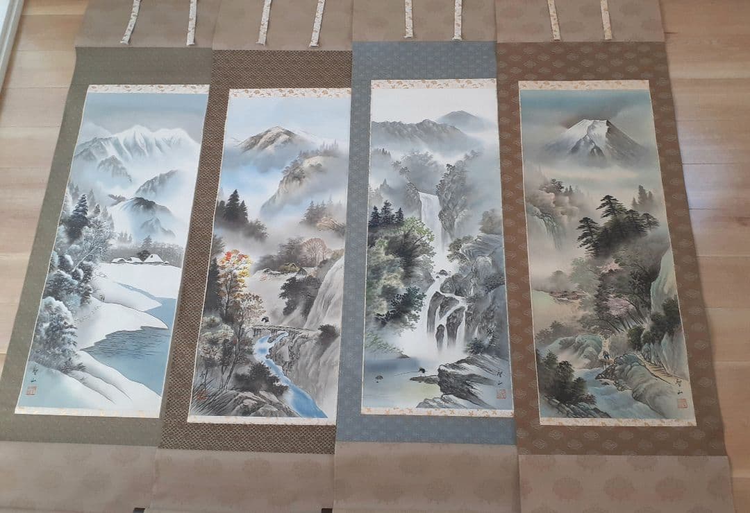 葛谷聖山　春夏秋冬 四季山水図　肉筆絹本　四幅掛軸　共箱　美品