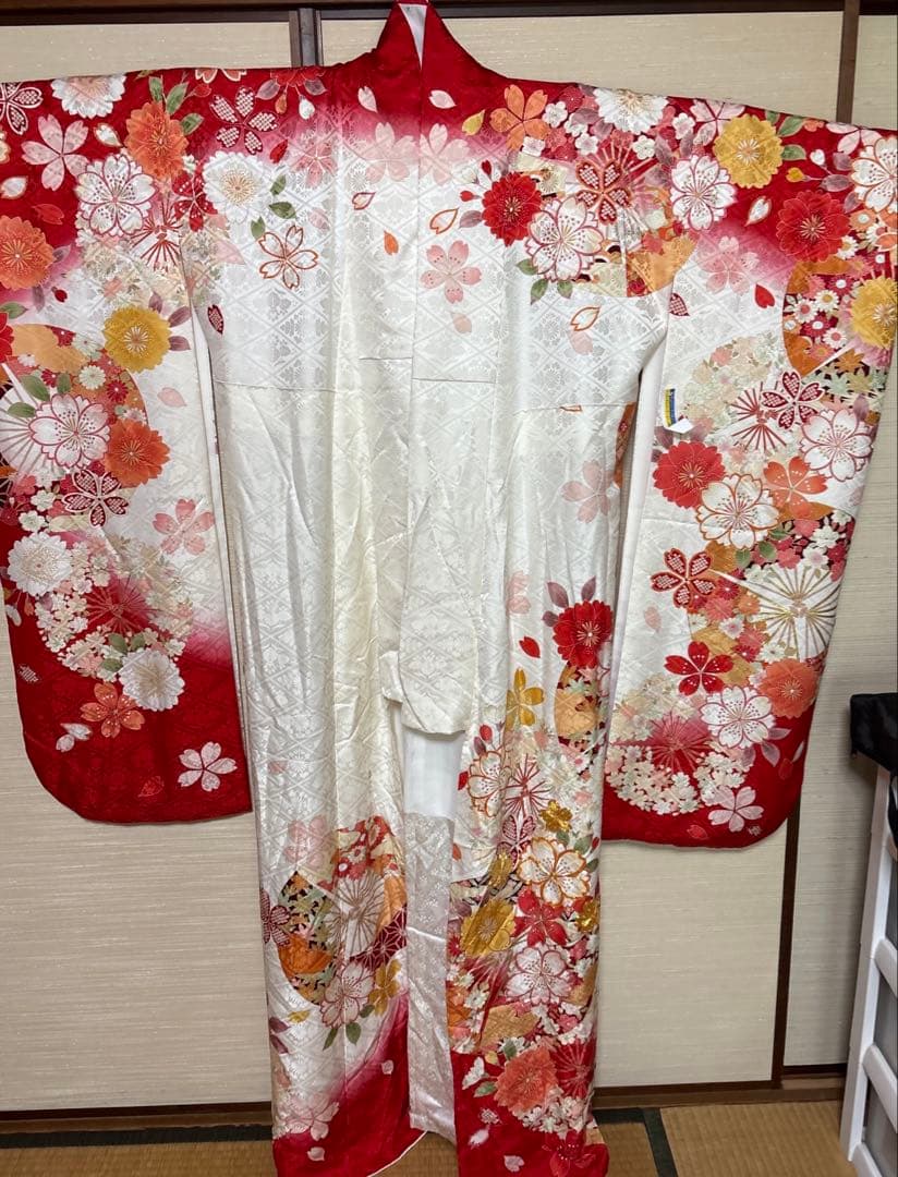 赤×白 華 扇子 振袖 身丈160