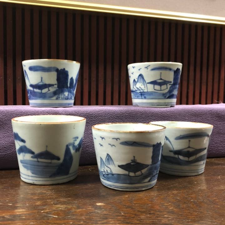 伊万里染付　楼閣山水図蕎麦猪口5客　骨董　古伊万里　R0280ダF