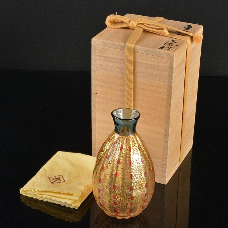工芸ガラス　金彩　徳利　在銘　箱付　V　R6571