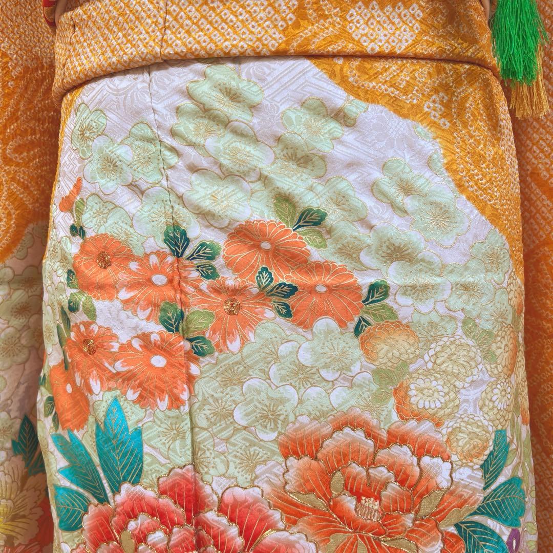 465 振袖フルセット 正絹 オレンジ 橙 金彩 絞り 駒刺繍 華やか ビビット