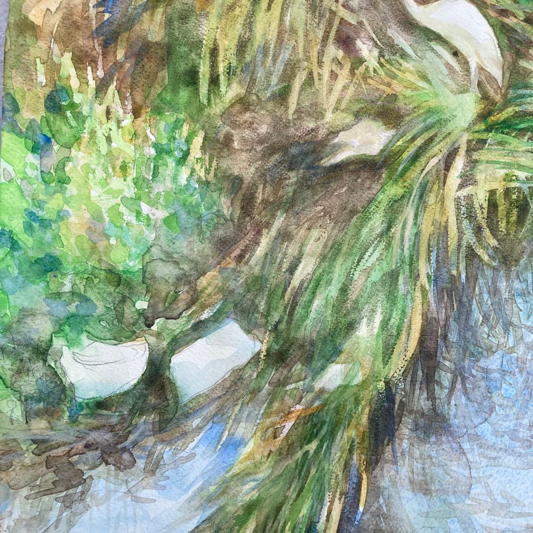 水彩画　川辺の一羽の鳥