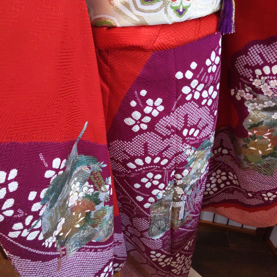 422桂由美　レトロポップ　絞り　赤　螺鈿落款　正絹振袖6点フルセット成人卒業式
