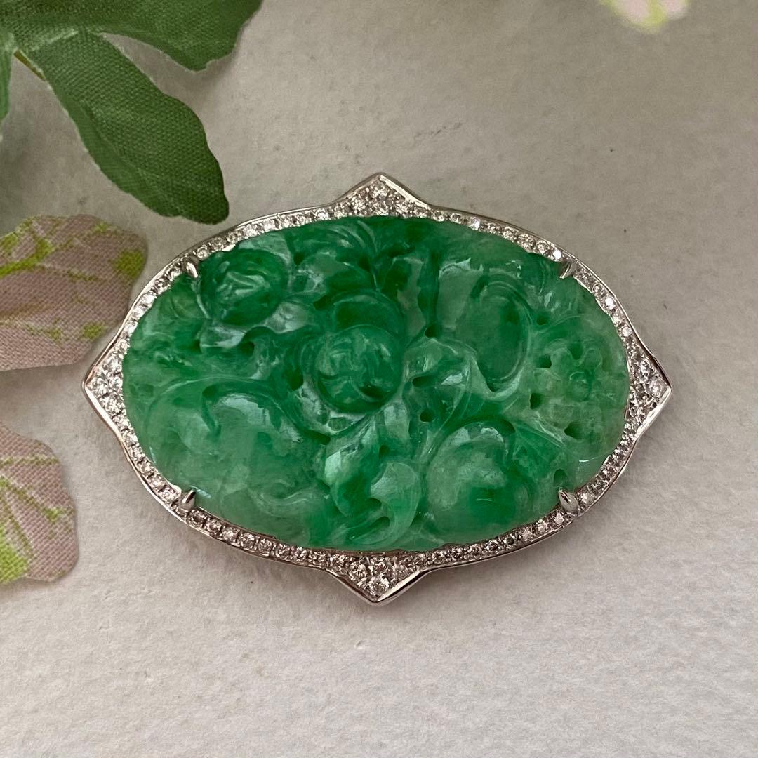 特注品　pt950翡翠ダイヤブローチ　アンティーク帯留からのリメイク　美しい