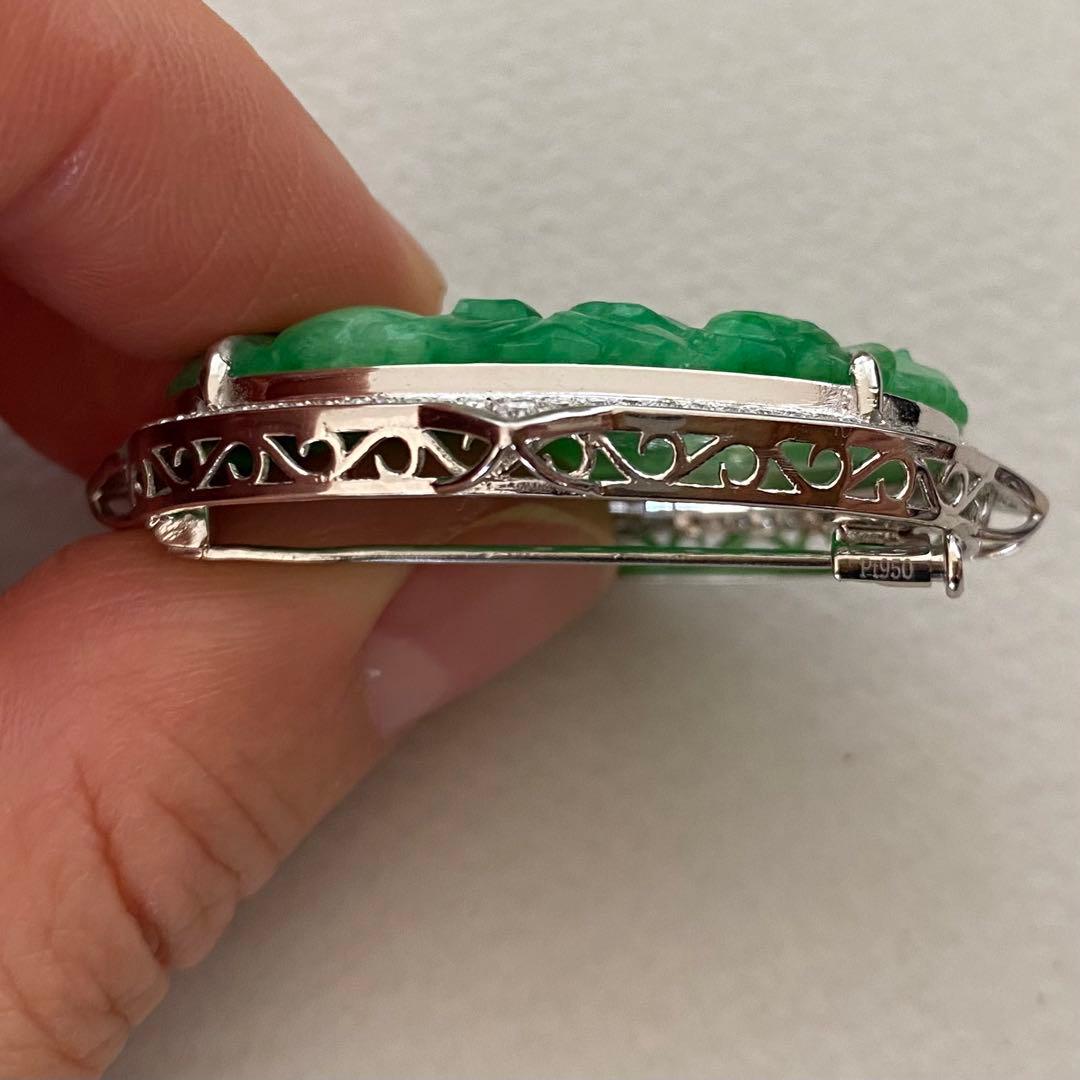 特注品　pt950翡翠ダイヤブローチ　アンティーク帯留からのリメイク　美しい