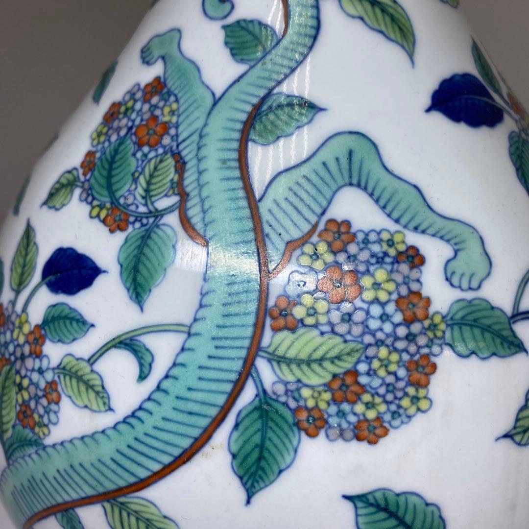 マンボウさん専用大清乾隆年粉彩龍に紫陽花図花瓶高さ37.5㎝　東Y7-0210④