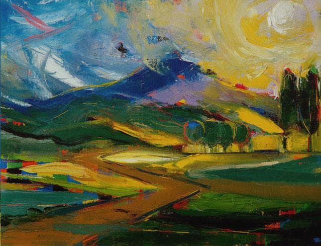 油絵 菅家令子 絵 絵画インテリア額付(青緑＋金色の枠)F4-081411風景陽