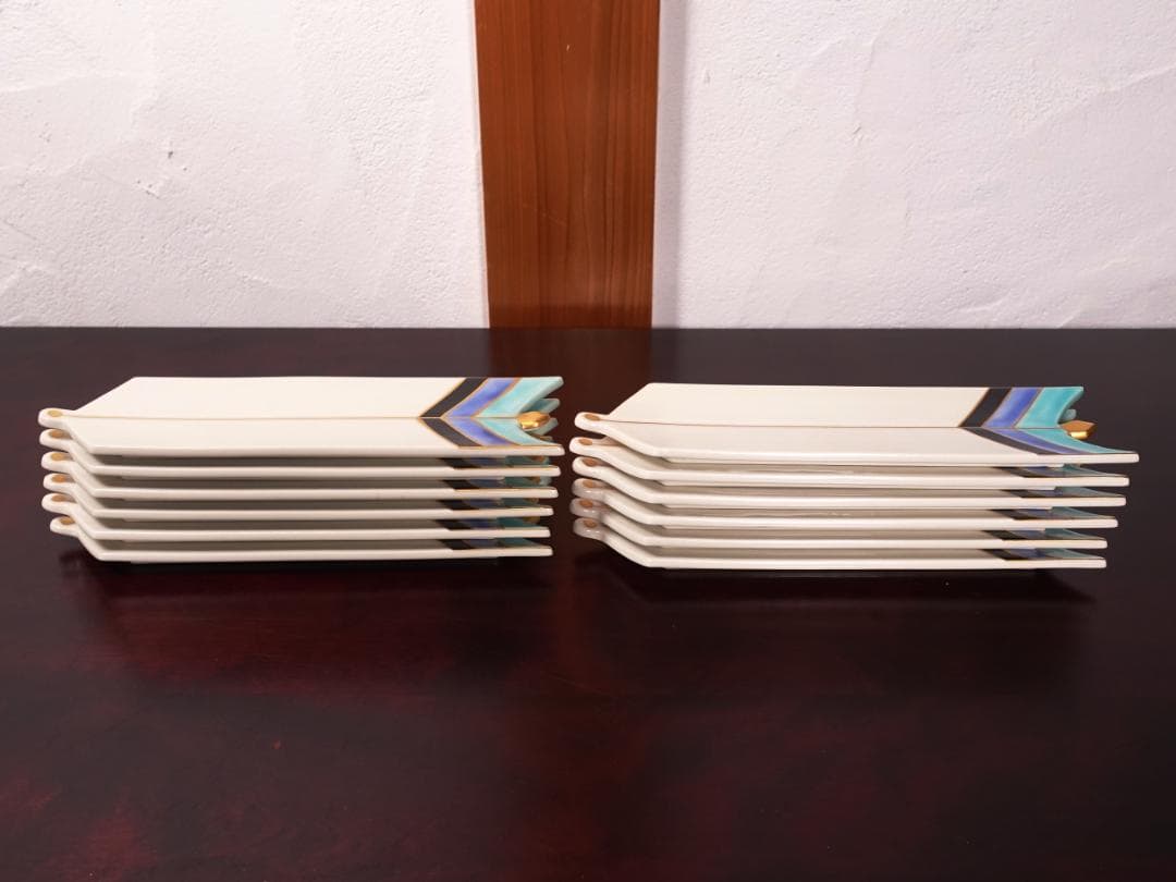 高級和食器 色絵 金彩 矢羽根文 長皿 板皿 12客 共箱