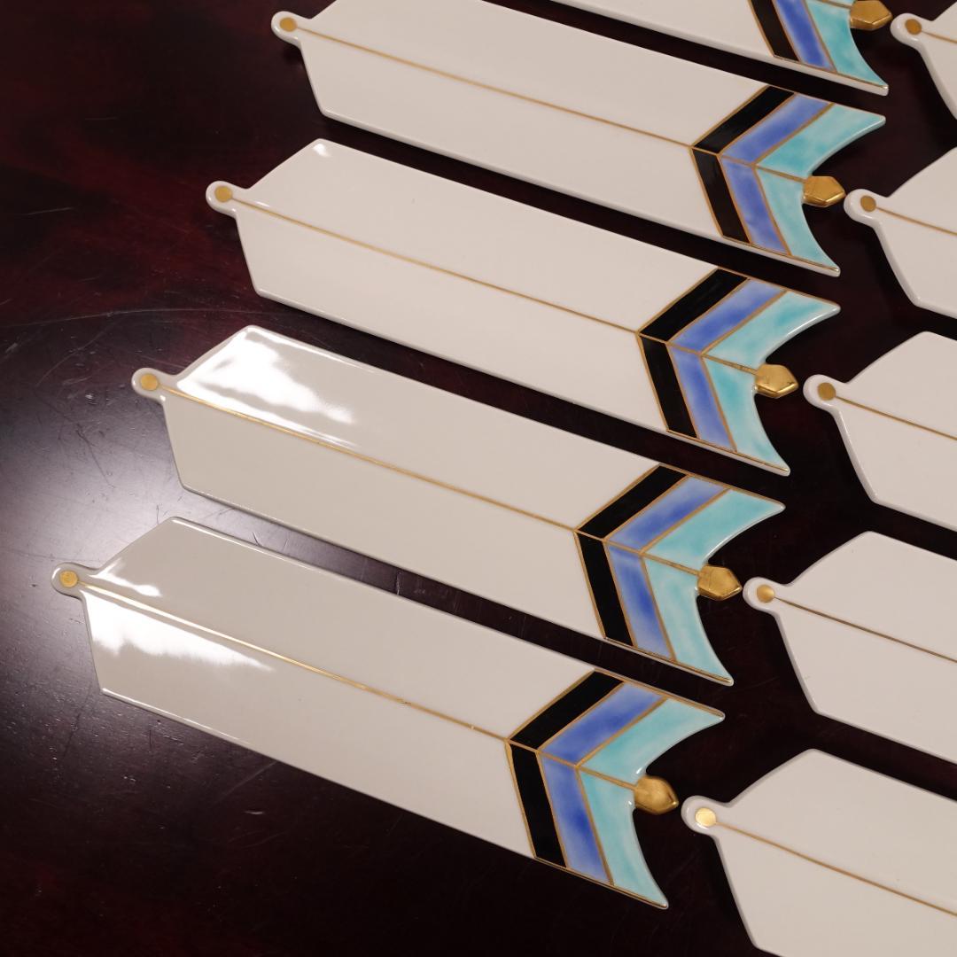 高級和食器 色絵 金彩 矢羽根文 長皿 板皿 12客 共箱