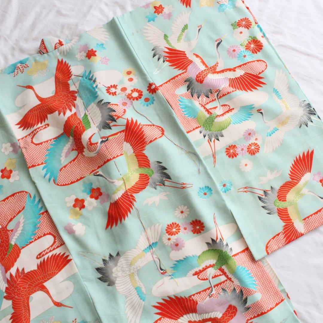 【1748】七五三 3歳 女の子 子供 アンティーク 鶴 水色 着物