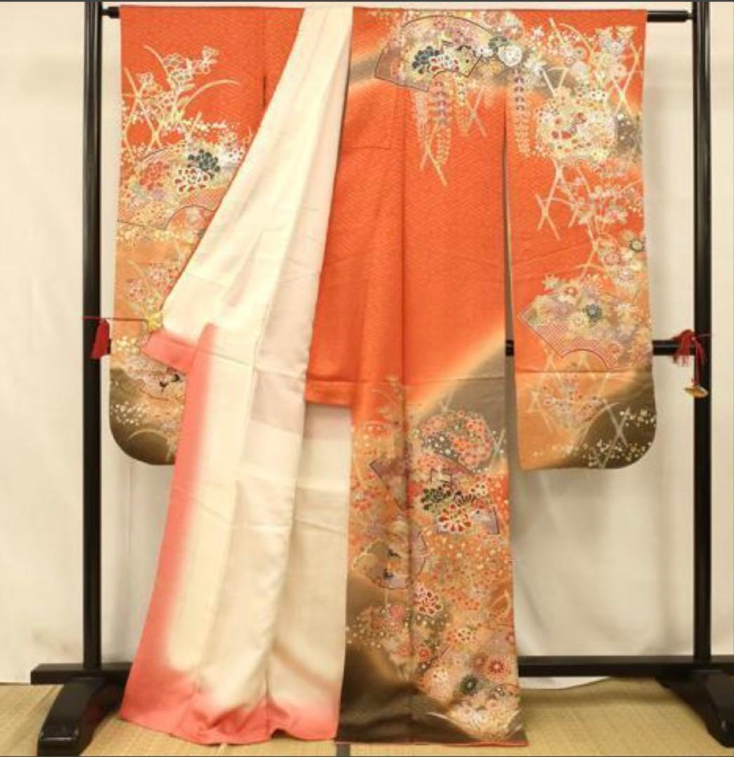 振袖フルセット6点サイズM〜Ｌ駒刺繍　地紙御所車文　暈し染め　金銀彩　正絹