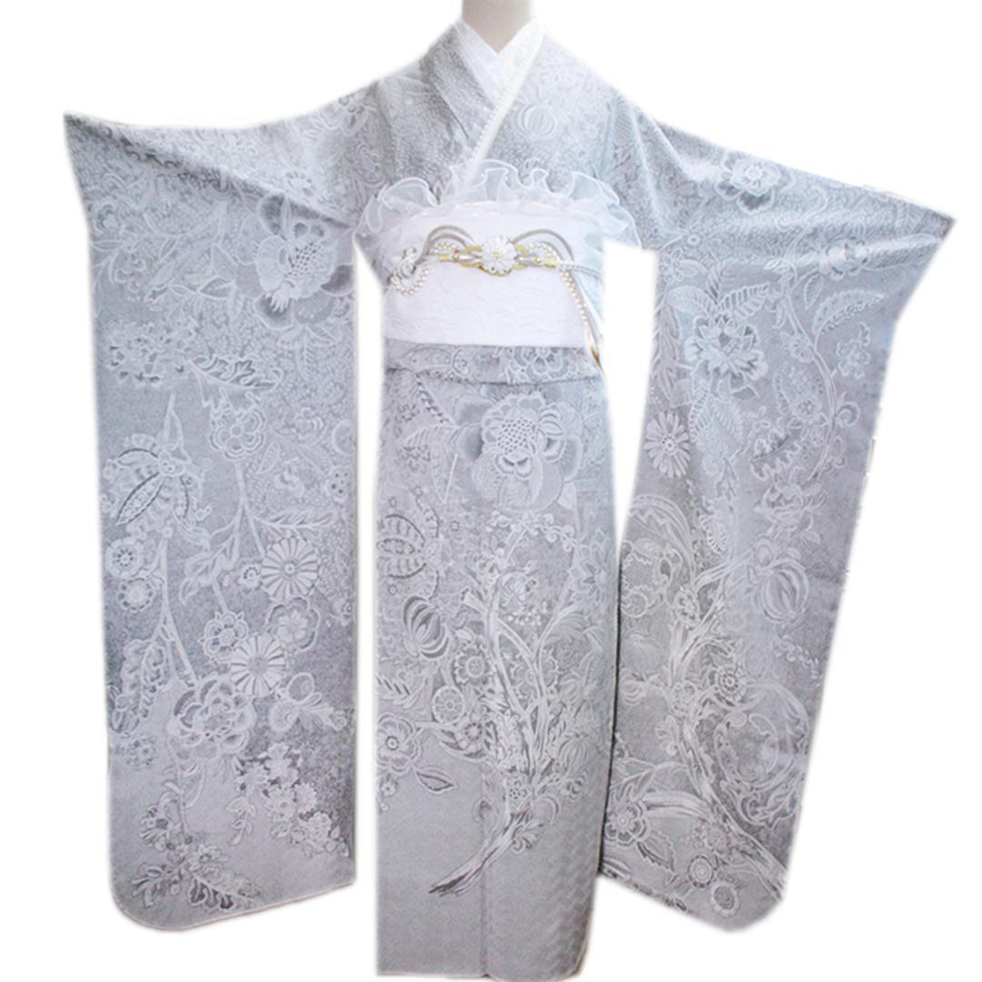 状態良好人気グレー×白帯成人式振袖8点セットフルセットくすみベロア帯揚げOY21