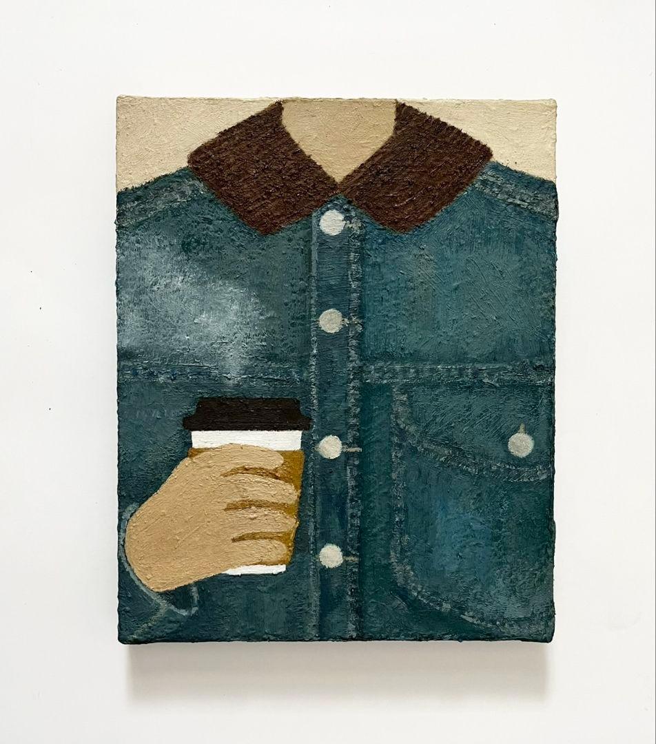 油彩画　ホットコーヒーとデニムジャケット