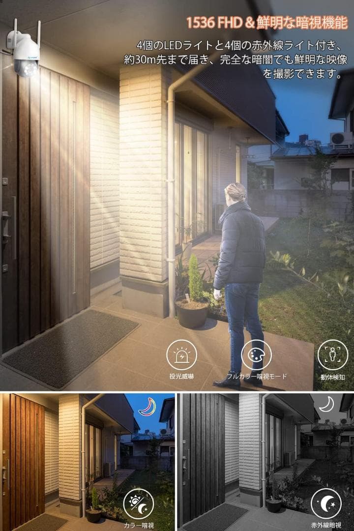 500万画素対応・360°全方位監視 モニター付き 防犯カメラ 2台セット