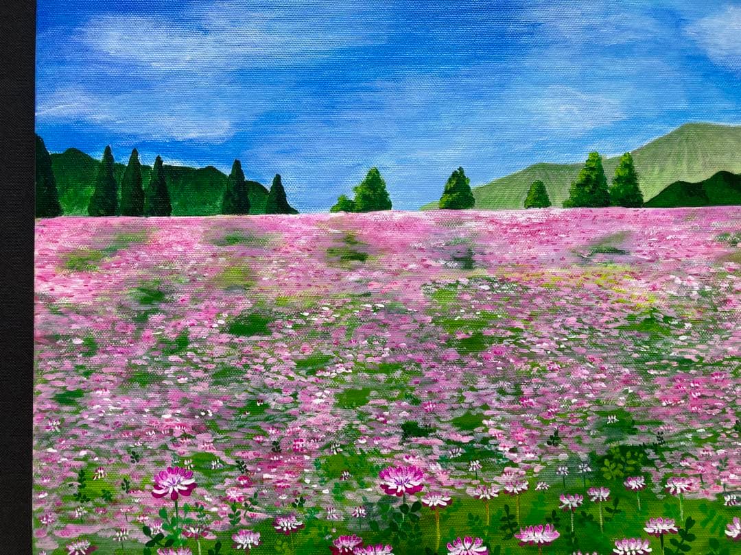 ご依頼品　風景画　花の絵　アクリル画　原画 「れんげ畑2」F8