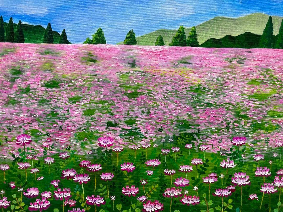 ご依頼品　風景画　花の絵　アクリル画　原画 「れんげ畑2」F8