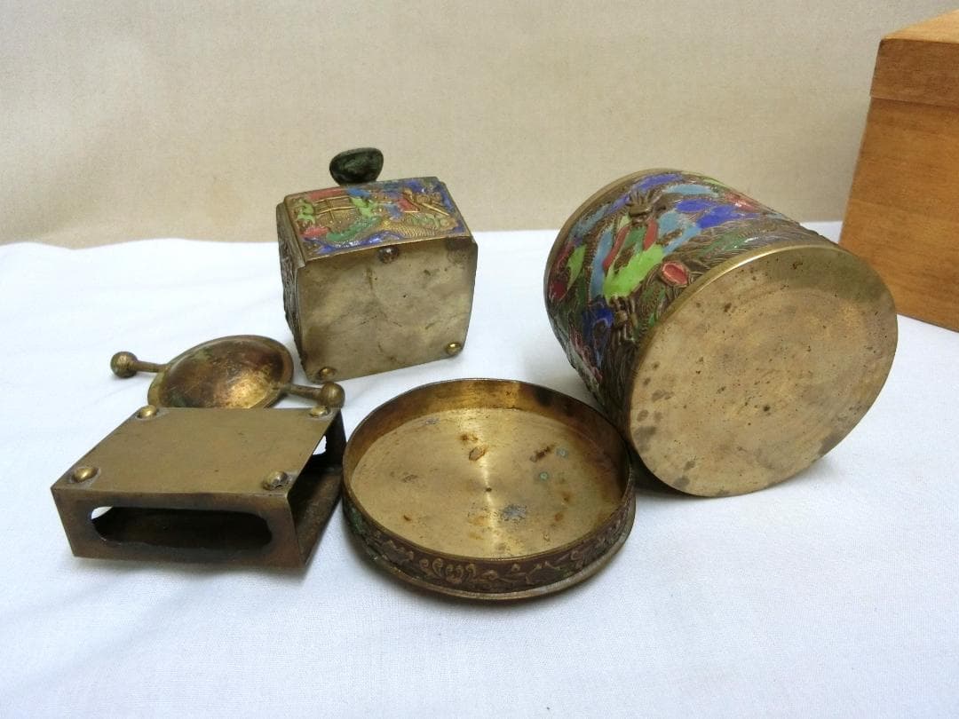 七宝細工！！【七宝容器　３点セット　煙草入れ　灰皿　マッチ立　中国】インテリア