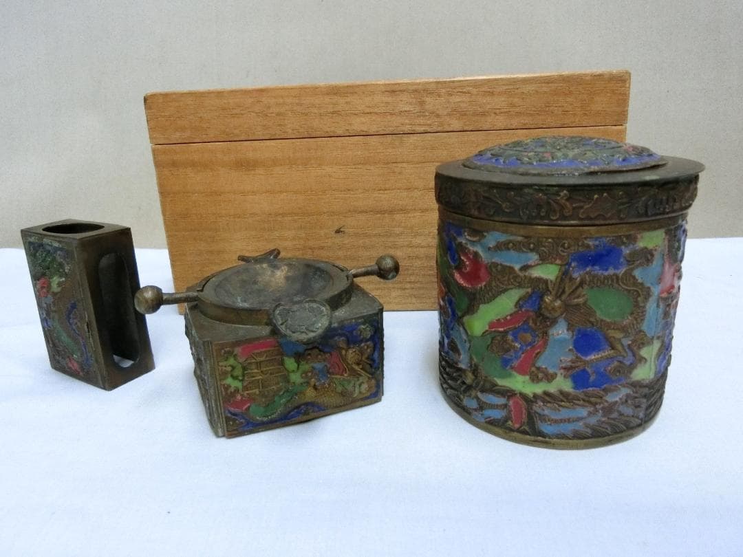 七宝細工！！【七宝容器　３点セット　煙草入れ　灰皿　マッチ立　中国】インテリア