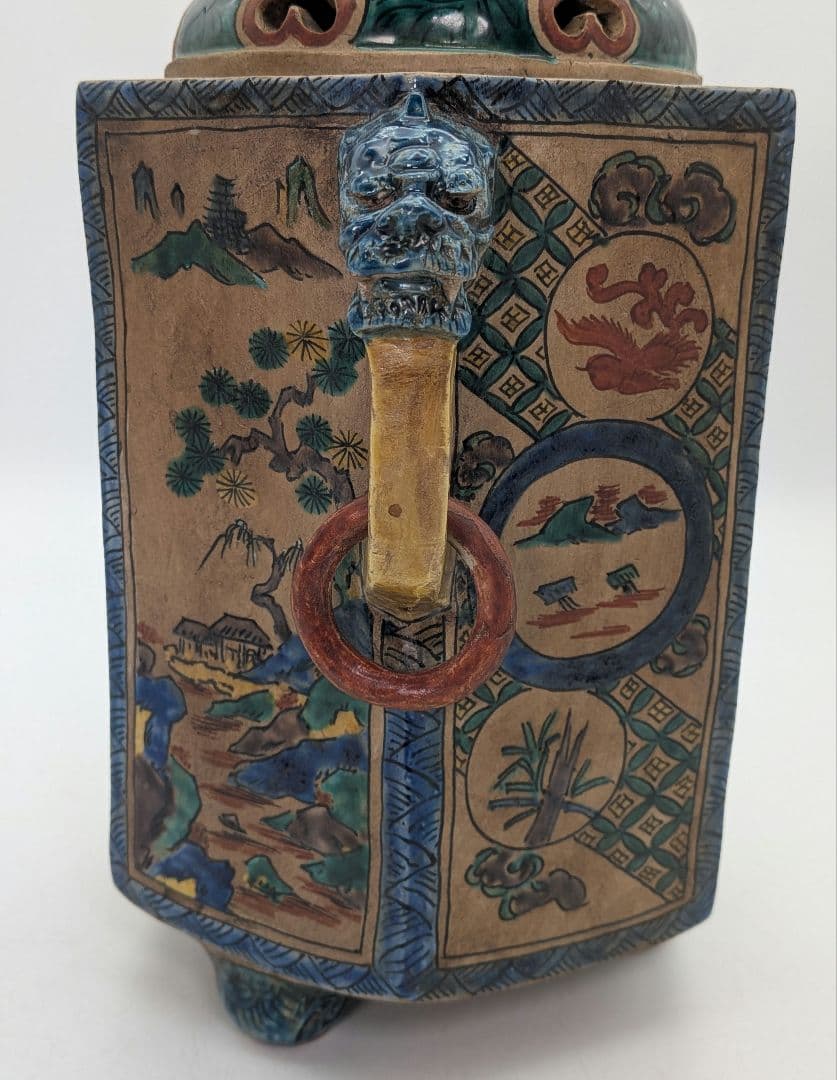 江戸期 古九谷 青手鳳凰摘三足香炉 合箱 角福 九谷焼 色絵窓絵 山水図人物花鳥