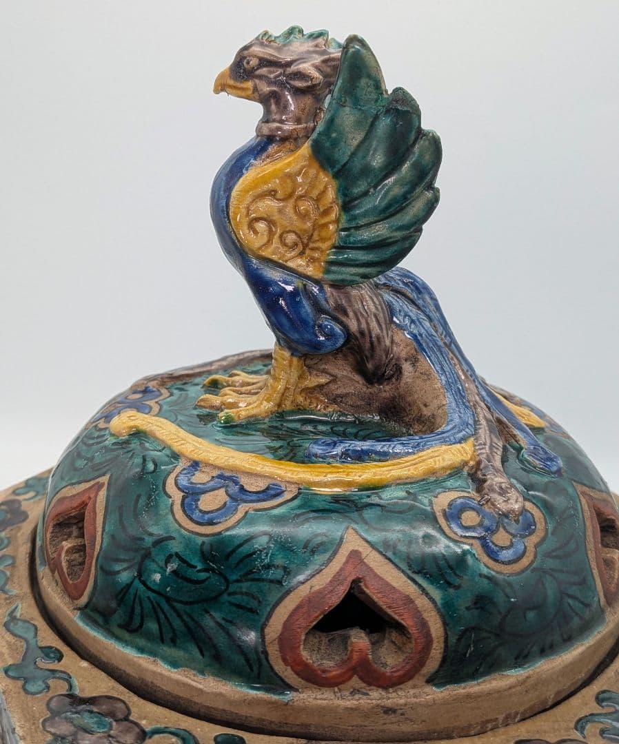 江戸期 古九谷 青手鳳凰摘三足香炉 合箱 角福 九谷焼 色絵窓絵 山水図人物花鳥