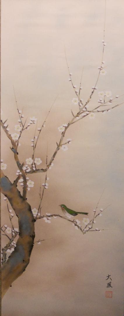 掛け軸 小川大鳳 梅に鶯 絹本 希少 軸装 茶道具 掛軸 美品 です。