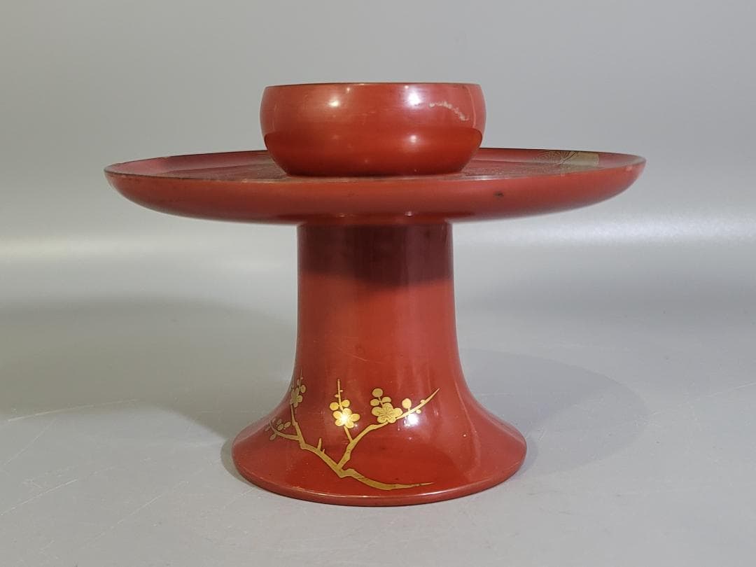 DT589 茶道具 朱塗 松竹梅蒔絵 天目台 時代物