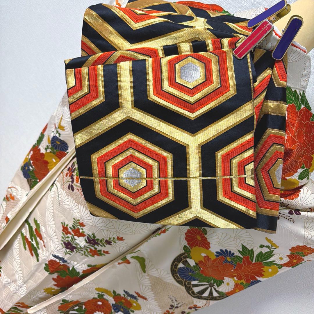 6 振袖フルセット 正絹 オフホワイト 橙 金彩 駒刺繍 刺繍 レトロ 古典