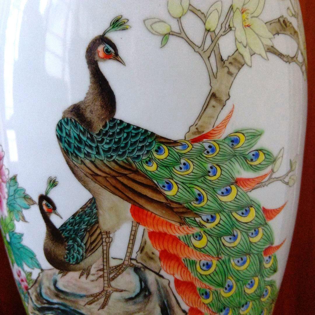 中国景徳鎮製　孔雀牡丹漢詩 大型花瓶