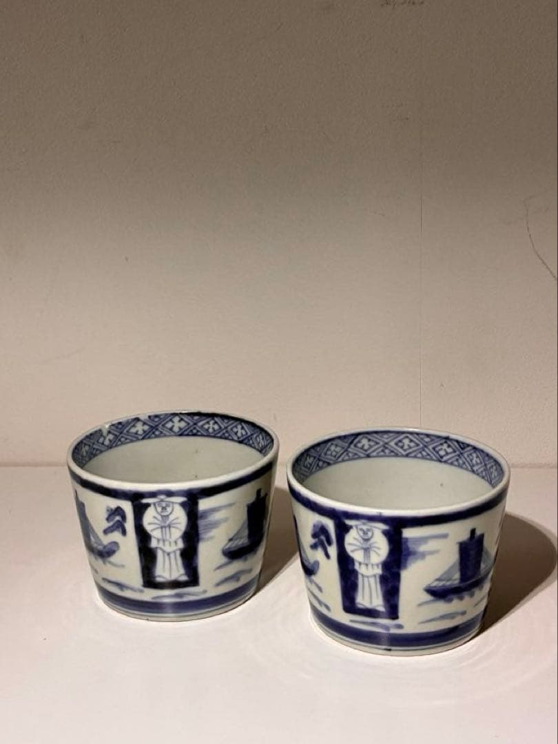 古伊万里 蕎麦猪口 異国人 帆船 ラッタン 南蛮人 アンティーク 骨董2個セット