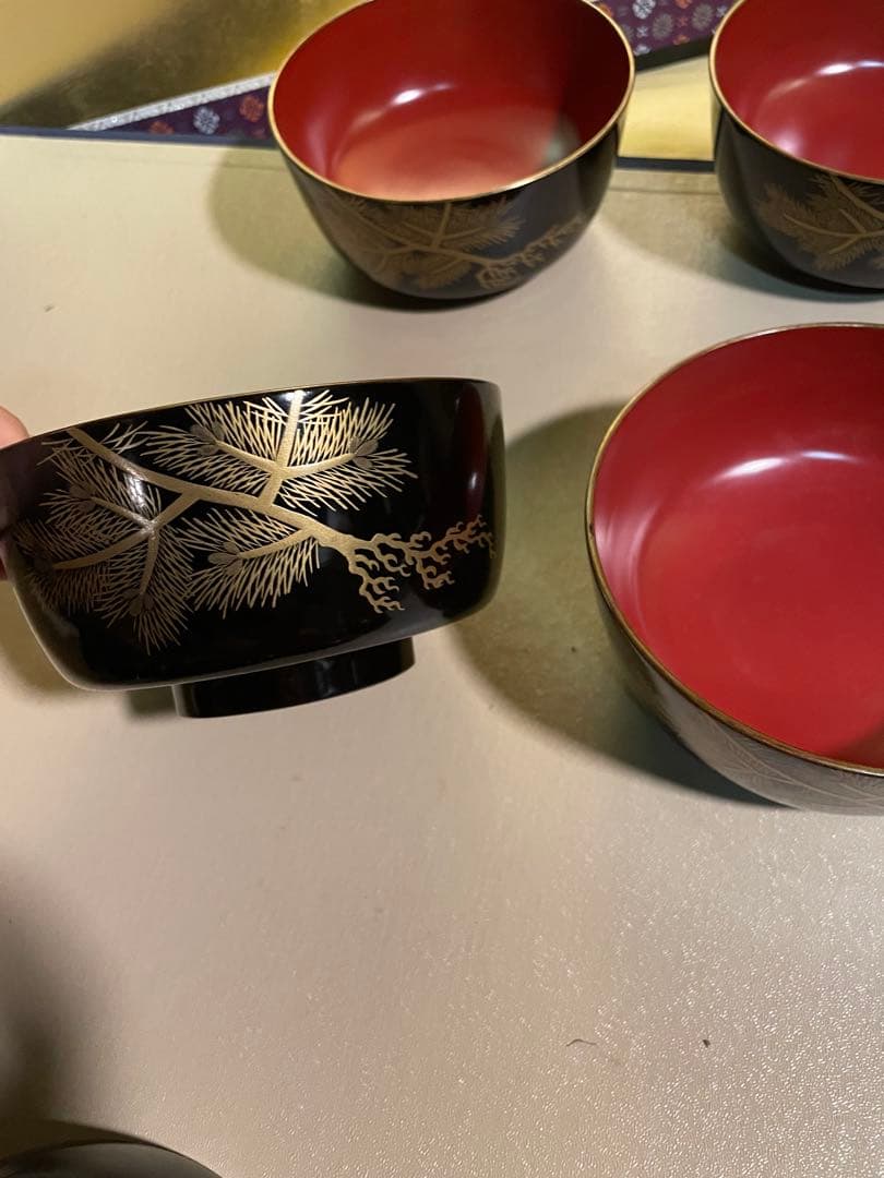 美品　輪島塗 寿松沈金 煮物椀 6客 雑煮椀/大椀/平椀/麺椀/丼椀 漆器