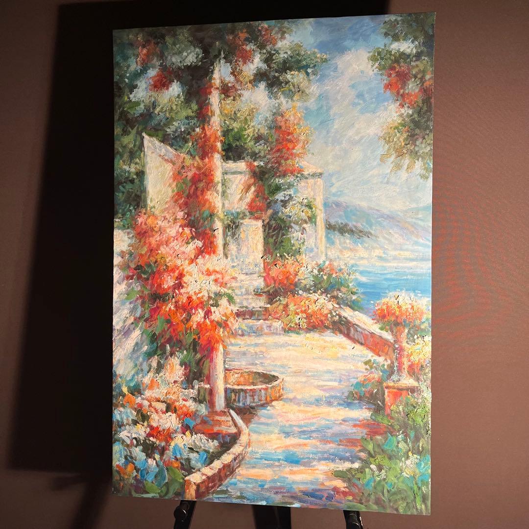 ★特大★ 手書き油絵 テラス 肉筆絵画 インテリア 油彩画