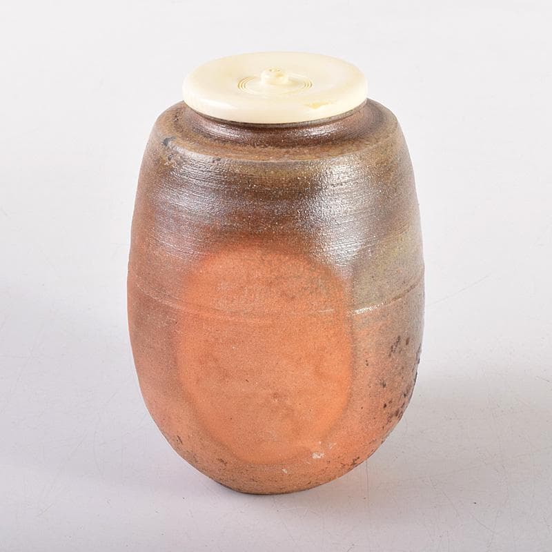 茶道具　備前焼　木村桃山作　茶入　袱紗付　共箱　V　R7875