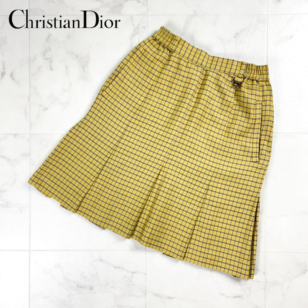 美品 クリスチャンディオール チェック柄プリーツスカート 黄色 S*CD103