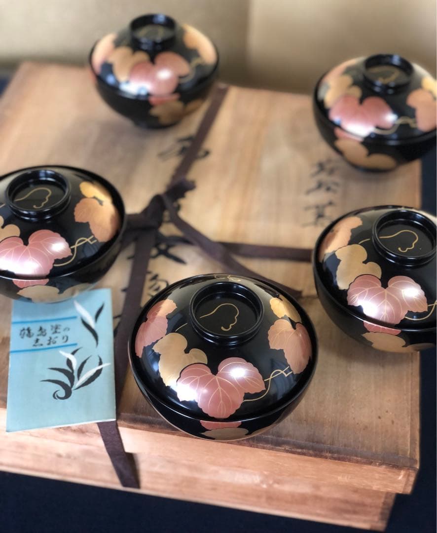 《レ》輪島塗 黒塗 蔦蒔絵 吸物椀5客 木製漆器 木箱　251119え4