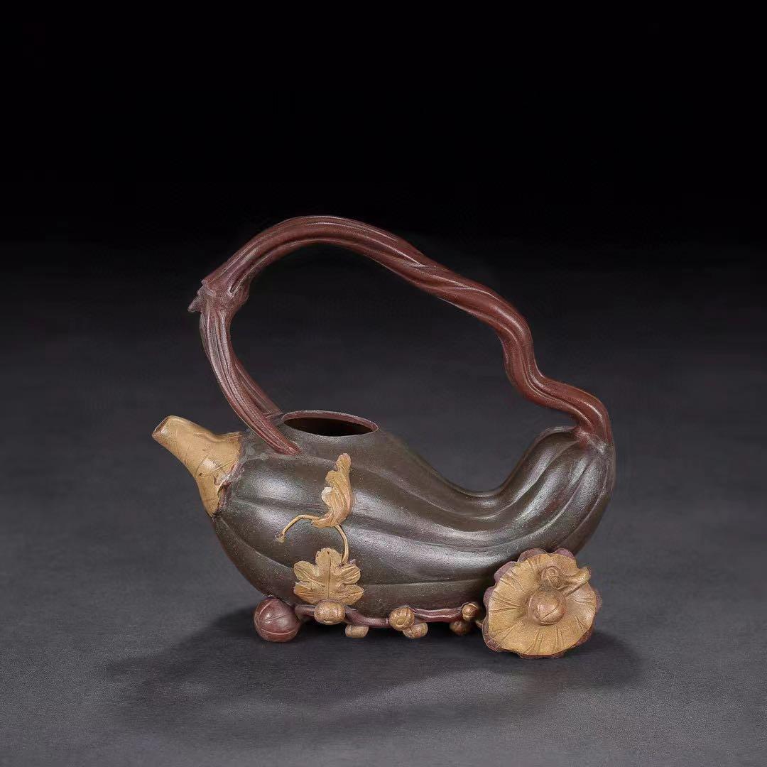 中国古美術・原鉱底槽清、紫砂泥、カボチャ提梁壺、汪寅仙紋 紫砂壺・急須