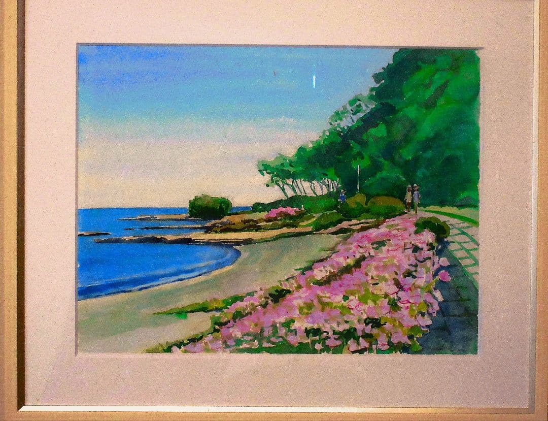 ハマ大根の咲く頃 水彩画 フレーム付き